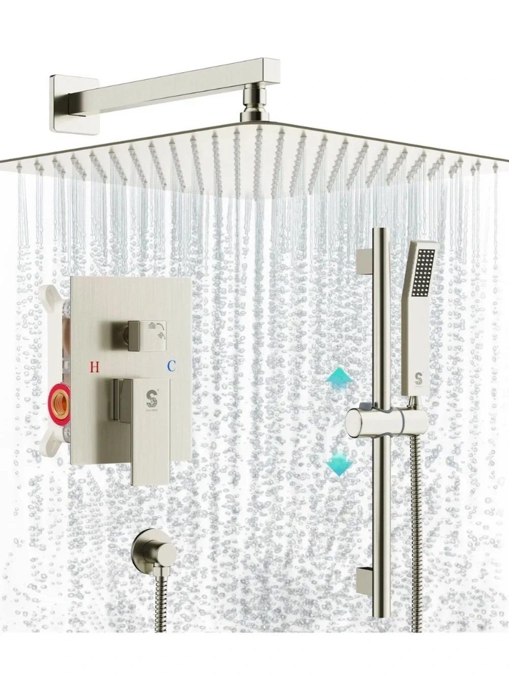 SR SUN RISE 12 Inch Square Shower System, Rain Shower Head and Slide Bar Hand...